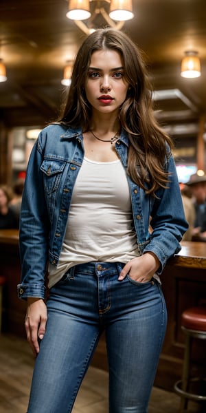 Create a high quality image, extreme detail, ultra definition, extreme realism, high quality lighting, 16k UHD, one girl, light brown hair, beautiful eyes, bright red rouge lips, big breasts, tight t-shirt, denim jacket, tight jeans, cowboy boots, in an old blues bar, dim lighting, blues band playing, all eyes on her