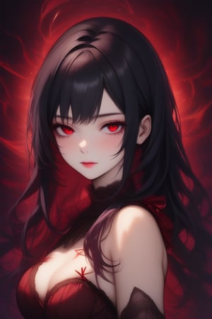 A captivating portrait of a mysterious girl with raven-black hair and piercing red eyes, set against a rich, velvety background. Her enigmatic gaze seems to pierce through the veil of reality, drawing the viewer in. The masterful brushstrokes and bold color palette evoke a sense of drama and intensity, as if this portrait is a masterpiece frozen in time.