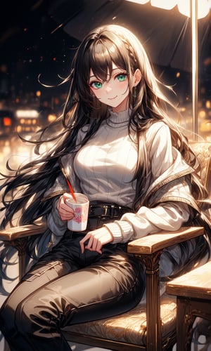 1 girl, long hair, black hair, straight hair, paris background, beautiful, alternate hairstyle, young looking, young girl, nighttime, high waist pants, white sweater, sitting on an chair, holding an cup of tea