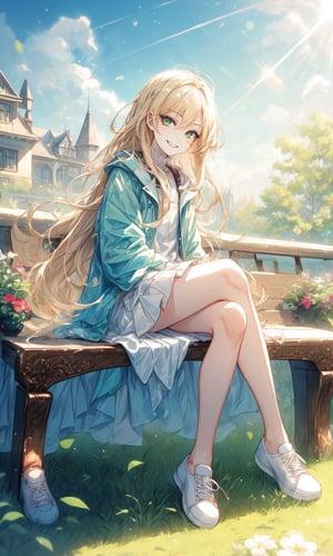 1girl, pale-blonde hair, green eyes, beautiful, alternate hairstyle, long hair, sunlight, sunshine, sunny sky, blue sky, full body view, bright background, teen girl, mansion background, sitting on an white bench on the garden, cool girl clothing, short skirt, vans shoes