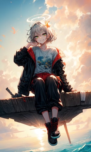 1girl, dark-gray hair, ocean-green eyes, beautiful, alternate hairstyle, short messy hair, sunset, orange sunny sky, blue sky, full body view, bright background, teen girl, young girl, sitting on the edge of an floating island, island above the clouds, black cropped top shirt, black jacket with red details, black cargo pants, black boots, cool girl, cool pose, spiked halo above head