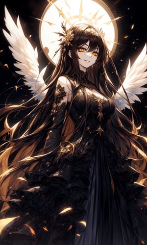 1girl, black hair, pale-yellow eyes, beautiful, alternate hairstyle, long bangs, pale skin, black tattoos, long hair, sunlight, heaven, black angel wings, multiple wings, fallen angel, black halo above head, dark halo, black wings, white angelic dress, white and golden dress, divine dress, sunshine, sunny sky, white greek monuments, showing sky on the background, blue sky, short dress, exposed arms, tall girl, mature, older woman, medium breasts