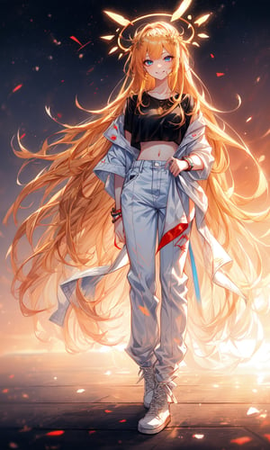 1 girl, long hair, golden blonde hair with red gradient, messy hair, long bangs, straight bangs, blue eyes with red gradient, sunset sky, pale skin, beautiful, white temple background, sunset, alternate hairstyle, halo above head, casual clothing, white cropped top, cool girl, white cargo pants, bracelets, full body view, white boots