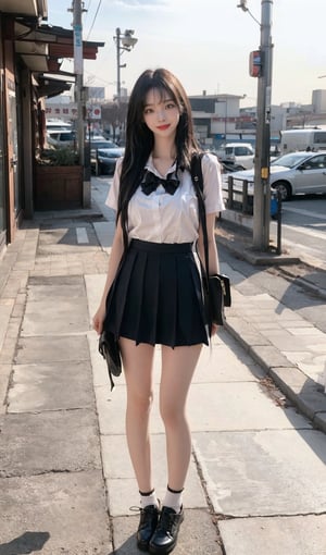  sexy 25 years old korea woman standing , best quality, high resolution, highly detailed, sunset,,bangs, Korean, beautiful face, smile, long hair or short hair,  black hair,big natural breast , inshopping mall,  full body view,realistic, 
,whole body,school uniform,short skirt,bondage outfit