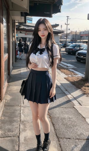  sexy 25 years old korea woman standing , best quality, high resolution, highly detailed, sunset,,bangs, Korean, beautiful face, smile, long hair or short hair,  black hair,big natural breast , shopping mall,  full body view,realistic, 
,whole body,school uniform,short skirt,