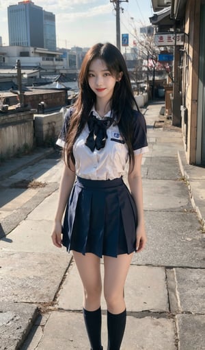  sexy 25 years old korea woman standing , best quality, high resolution, highly detailed, sunset,,bangs, Korean, beautiful face, smile, long hair or short hair,  black hair,big natural breast , street,  full body view,realistic, 
,whole body,school uniform,short skirt,