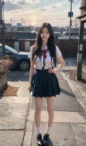  sexy 25 years old korea woman standing , best quality, high resolution, highly detailed, sunset,,bangs, Korean, beautiful face, smile, long hair or short hair,  black hair,big natural breast , street,  full body view,realistic, 
,whole body,school uniform,short skirt,