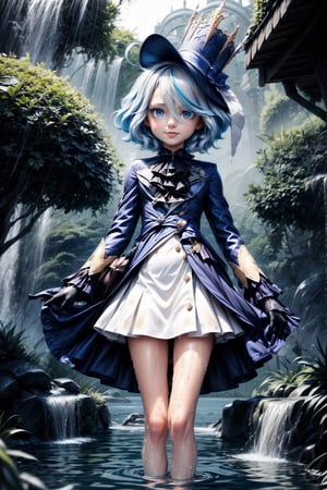  (furina), gloves, hat, blue eyes, white gloves, blue hair, white hair, blue headwear, ahoge, black gloves, streaked hair, long sleeves, ascot, jewelry, brooch,black headwear, frills,
lake, standing in water, 
full body, 
(wet:1.2), wet hairs, wet body, wet clothes, sunshine,
vibrant, dynamic, highly detailed background, cinematic lighting, ultra-realistic, hyper-realistic, 
,furina,blue eyes