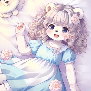 (1girl, furry girl,maternal,cute, A curvy polar bear woman with tolerance, Fluffy, Curly hair),pale pastel flower dress, (stuffy, round face),(((1girl is loli,children)),ignorance,Stupid),open mouth