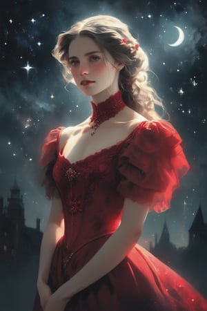 illustration of a pale woman covered in a victorian red dress, starry night. hazy, dark background , high contrast, cinematic, bright tones,portraitart,portrait art style