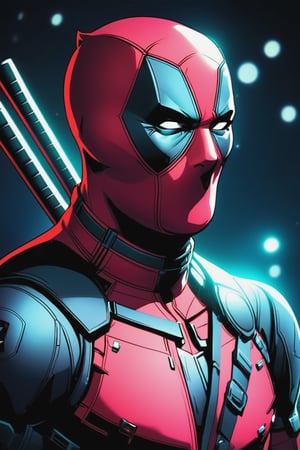 illustration of a man dressed in a Marvel's Deadpool suit, night, dark background , closeup shot, high contrast, cinematic, bright tones,portraitart,portrait art style