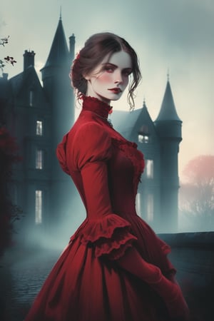 illustration of a pale woman covered in a victorian red dress, hazy, dark castle background , victorian manor, high contrast, cinematic, bright tones,portraitart,portrait art style