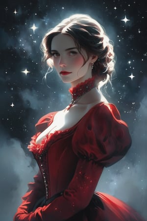 illustration of a pale woman covered in a victorian red dress, starry night. hazy, dark background , high contrast, cinematic, bright tones,portraitart,portrait art style