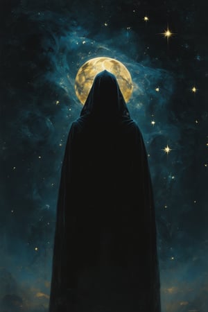 illustration of a cloaked figure, supernova starry night. Minimalist, hazy, blue and gold, low contrast, cinematic, muted tones


