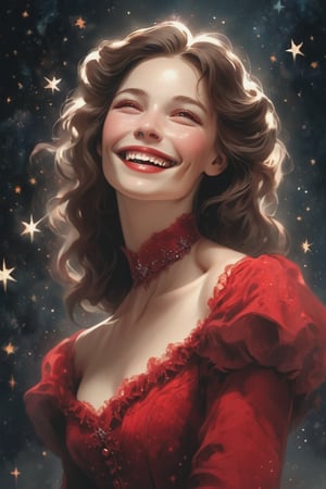 illustration of a pale woman covered in a victorian red dress, happy, starry night. hazy, dark background , closeup shot, high contrast, cinematic, bright tones,portraitart,portrait art style