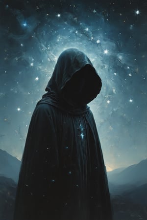 illustration of a cloaked figure, supernova starry night. Minimalist, hazy, blue and silver, low contrast, cinematic, muted tones


