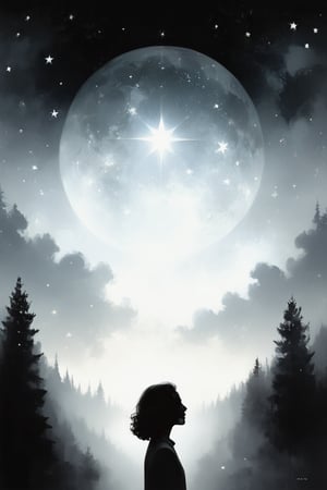 illustration of a starry night sky. Star details, Minimalist, hazy, grey and white, low contrast, cinematic, muted tones, no people


