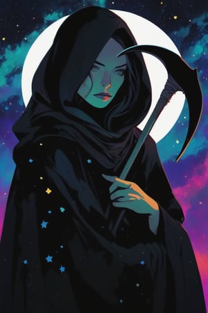 illustration of a pale woman covered in a black cloak, {holding a scythe}, starry night. hazy, psychedelic background , high contrast, cinematic, bright tones,portraitart,portrait art style