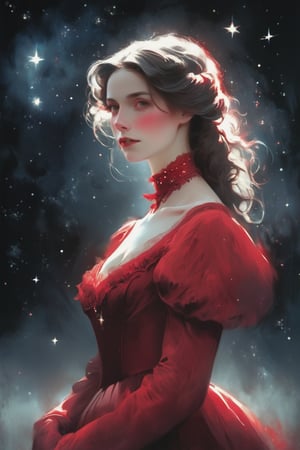 illustration of a pale woman covered in a victorian red dress, starry night. hazy, dark background , high contrast, cinematic, bright tones,portraitart,portrait art style