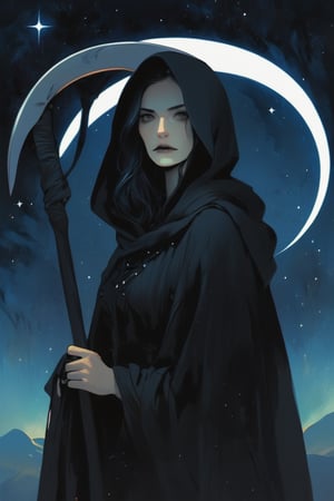 illustration of a pale woman covered in a black cloak, {holding a scythe}, starry night. hazy, basic background , high contrast, cinematic, bright tones,portraitart,portrait art style