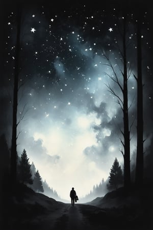 illustration of a starry night sky. Star details, Minimalist, hazy, black and white, low contrast, cinematic, muted tones


