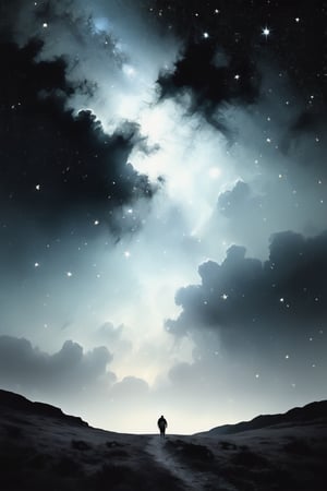 illustration of a starry night sky. Star details, Minimalist, hazy, grey and white, low contrast, cinematic, muted tones, no people


