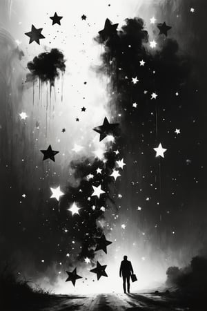 illustration of a falling stars, Star details, Minimalist, hazy, black and white, high contrast, 


