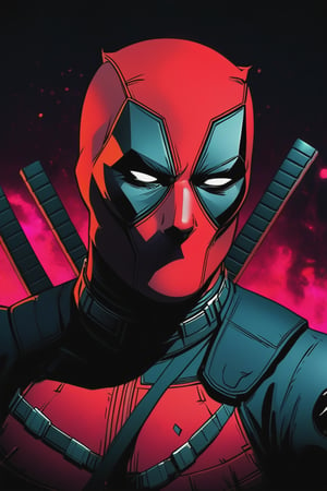 illustration of a man dressed in a Marvel's Deadpool suit, night, dark background , closeup shot, high contrast, cinematic, bright tones,portraitart,portrait art style