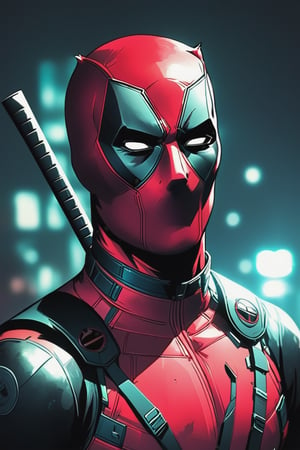 illustration of a man dressed in a Marvel's Deadpool suit, night. hazy, dark background , closeup shot, high contrast, cinematic, bright tones,portraitart,portrait art style