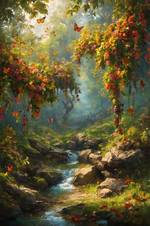 cinematic photo Wide angle oil painting, (Elaborate fantasy realms blending reality:1.3), Asymmetrical composition, Spellbinding landscapes, Rich colors, (Impeccable attention to detail:1.2), Enchanted forests, wines with flowers hanging from the trees, a small stream flowing, colourful butterflies, gloomy atmosphere, Whimsical allure, Radiant harmonies, (Cinematic 4K detail:1.3), Ultra-detailed storytelling, HDR richness. 35mm photograph, film, bokeh, professional, 4k, highly detailed