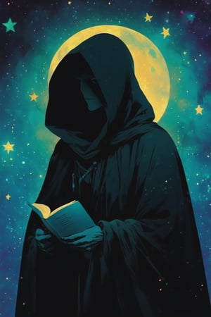 illustration of a cloaked figure, starry night. hazy, psychedelic background , high contrast, cinematic, bright tones, book cover art,portraitart,portrait art style