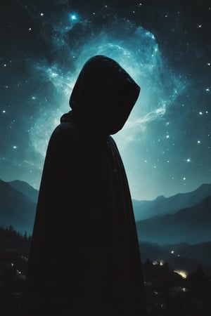 illustration of a cloaked silhouette, supernova starry night. Minimalist, hazy, psyhedelic , high contrast, cinematic, muted tones


