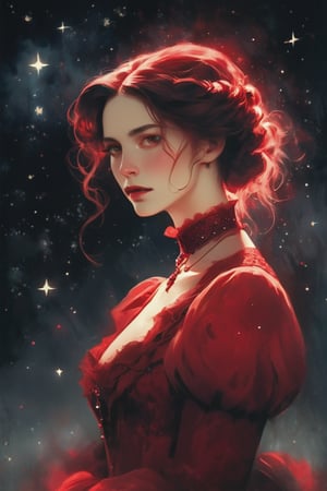 illustration of a pale woman covered in a victorian red dress, starry night. hazy, dark background , closeup shot, high contrast, cinematic, bright tones,portraitart,portrait art style