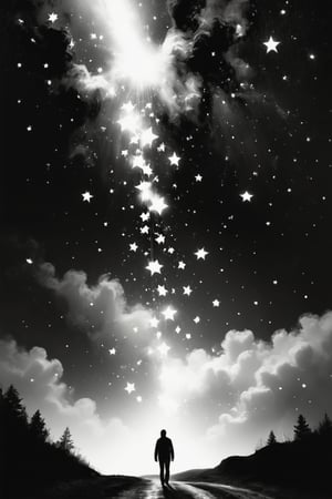 illustration of a falling stars, Star details, simple, black and white, high contrast, 


