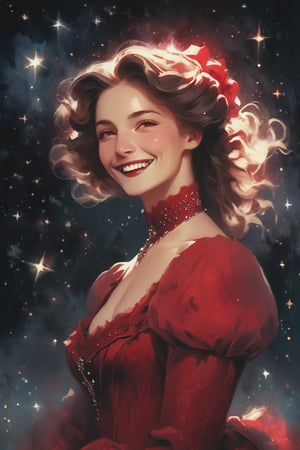 illustration of a pale woman covered in a victorian red dress, happy, starry night. hazy, dark background , closeup shot, high contrast, cinematic, bright tones,portraitart,portrait art style