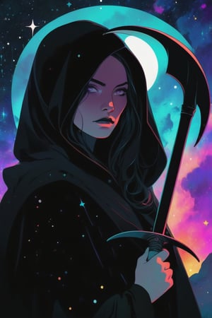 illustration of a pale woman covered in a black cloak, {holding a scythe}, starry night. hazy, psychedelic background , high contrast, cinematic, bright tones,portraitart,portrait art style