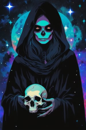 illustration of a pale woman covered in a black cloak, {holding a skull}, starry night. hazy, psychedelic background , high contrast, cinematic, bright tones,portraitart,portrait art style