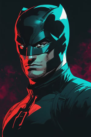 illustration of a man dressed in a Marvel's Daredevil suit, night. hazy, dark background , closeup shot, high contrast, cinematic, bright tones,portraitart,portrait art style