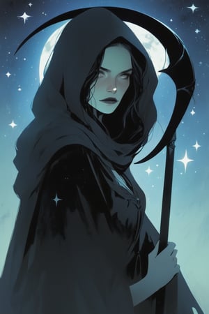 illustration of a pale woman covered in a black cloak, {holding a scythe}, starry night. hazy, basic background , high contrast, cinematic, bright tones,portraitart,portrait art style