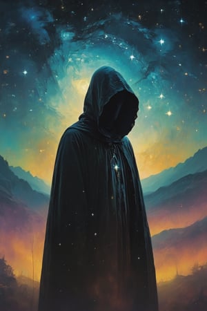 illustration of a cloaked figure, starry night. hazy, psychedelic background , high contrast, cinematic, bright tones, book cover art


