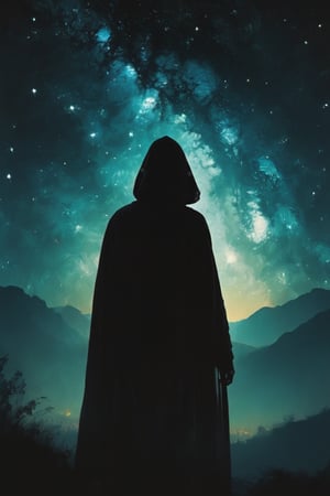 illustration of a cloaked silhouette, starry night. hazy, psyhedelic background , high contrast, cinematic, bright tones, book cover art


