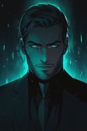 illustration of a man covered in a black suit, dark background , closeup shot, high quality, cinematic, bright tones,portraitart,portrait art style