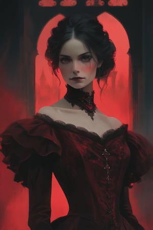 illustration of a pale woman covered in a victorian red dress, {closeup}, hazy, dark castle background, high contrast, cinematic, bright tones,portraitart,portrait art style