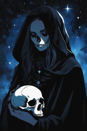 illustration of a pale woman covered in a black cloak, {holding a skull}, starry night. hazy, basic_background , high contrast, cinematic, bright tones,portraitart,portrait art style