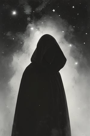 illustration of a cloaked silhouette, supernova starry night. Minimalist, hazy, black and white, high contrast, cinematic, muted tones


