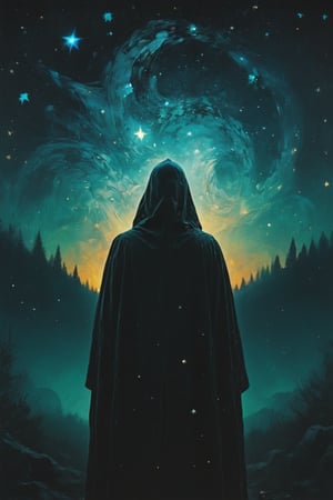 illustration of a cloaked figure, starry night. hazy, psychedelic background , high contrast, cinematic, bright tones, book cover art


