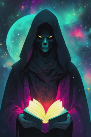 illustration of a cloaked figure, starry night. hazy, psychedelic background , high contrast, cinematic, bright tones, book cover art,portraitart,portrait art style