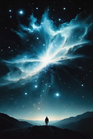 illustration of a supernova starry night. Star details, Minimalist, hazy, blue and silver, low contrast, cinematic, muted tones


