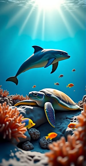 Depict a serene underwater scene where a dolphin and a sea turtle rest together peacefully. The setting is in a vibrant, sunlit section of the ocean, with rays of sunlight filtering through the clear blue water. The dolphin, sleek and graceful, hovers beside the turtle, who is resting calmly on a bed of soft coral. Around them, colorful fish swim gently among swaying seaweed and delicate anemones. The mood is tranquil, with the two creatures sharing a moment of quiet companionship, surrounded by the gentle rhythms of the sea