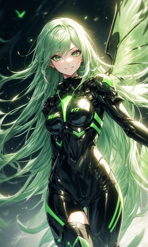 1 girl, long hair, lime-green hair, straight hair, modern city background, beautiful, alternate hairstyle, young looking, young girl, strong, skin tight black and green battle suit, nighttime, green neon lights on the battle suit, green neon wings, techno wings, flying above the city